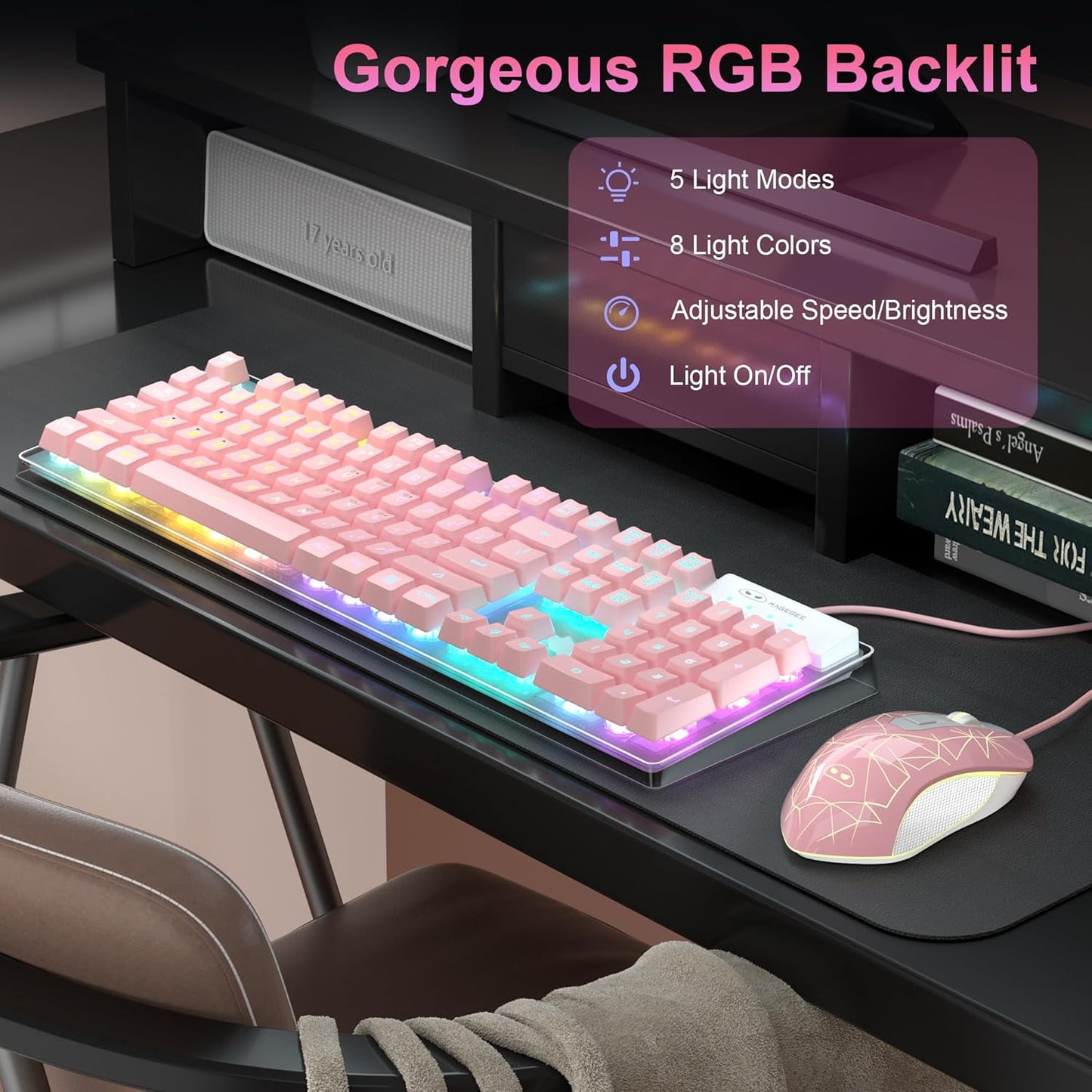 MageGee K1 RGB LED Backlit Keyboard and Mouse for PC/Laptop (Pink)